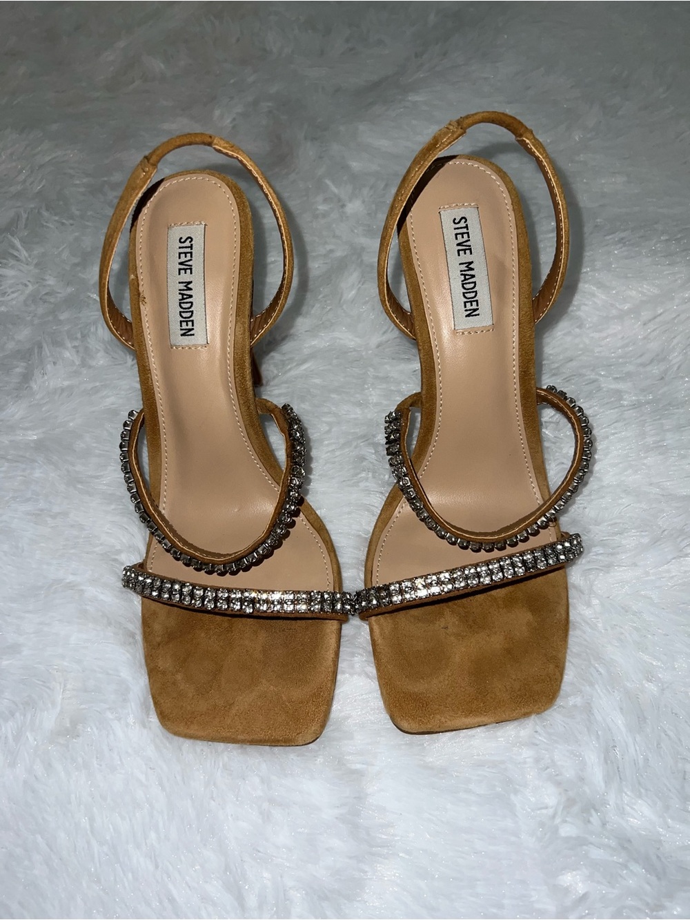 Steve Madden Tan Suede Rhinestone Strap Heels